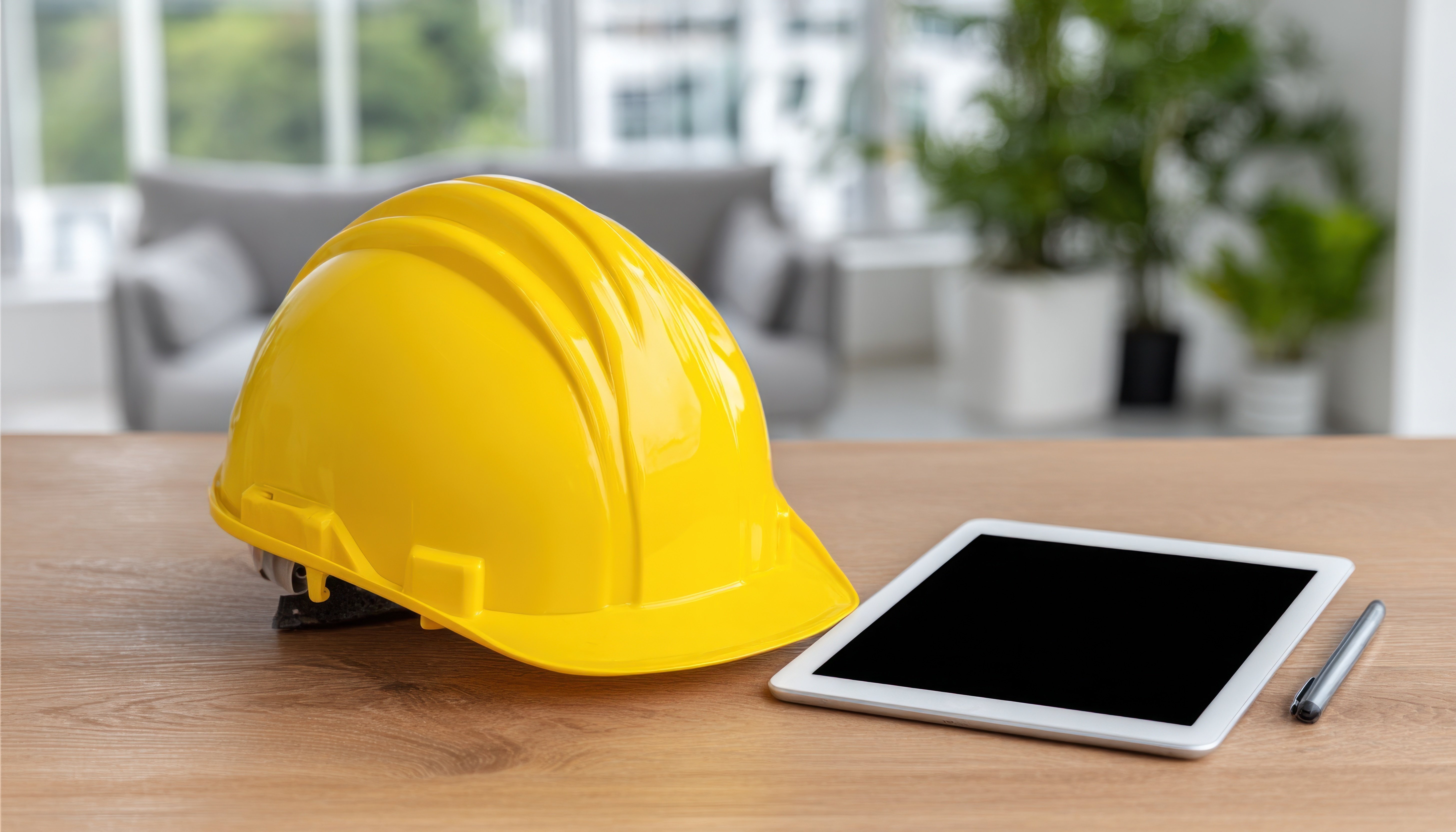 Yellow hardhat beside a tablet computer
